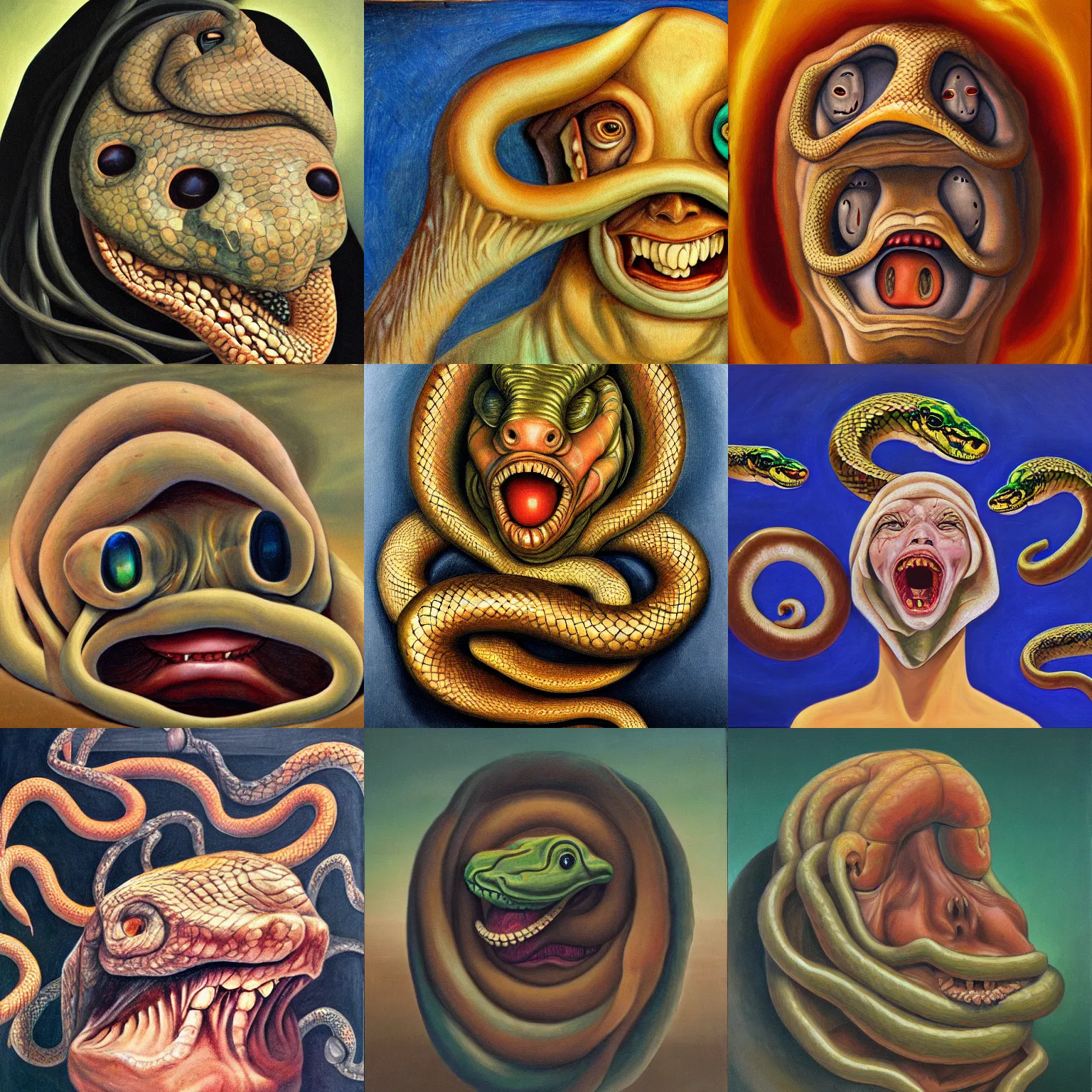 Prompt: A disembodied head screams, snakes slither out of the mouth and wrap around the head, oil painting, surrealism style