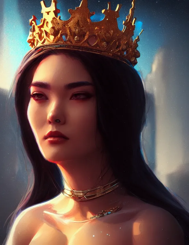 Image similar to blurred background. close-up portrait of a goddess in crown, by Artgerm and beeple and greg rutkowski