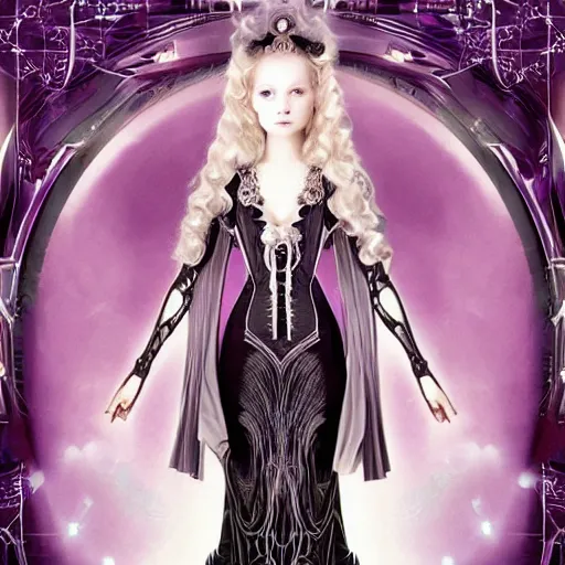 Image similar to A portrait of an ethereal, mysterious stunning maximalist mesmerizing elven girl from the rainbow sky paradise in Tron: Legacy (2010), high-tech, elegant, imposing, Victorian gothic lolita fashion, by Mark Ryden, artgerm, Hiroyuki-Mitsume Takahashi, WLOP, Goto Fujita, 奈良美智, Pixiv 3DCG, DAZ Studio, highly detailed, photorealistic, 8k resolution 3D, cinematic, dynamic lighting, octane render, close-up 35mm macro shot