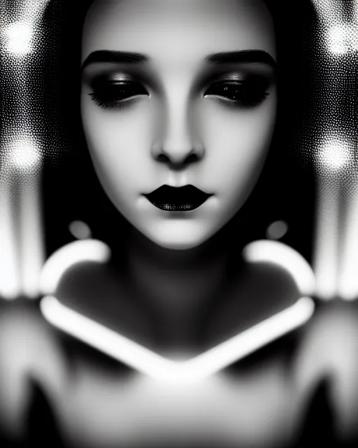 Image similar to black and white dreamy young beautiful female artificial intelligence, metropolis, cinematic, rim light, bokeh, photo - realistic, elegant, high detail, 8 k, masterpiece, photo taken in 1 9 3 0