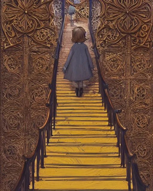 Image similar to the little prince on staircase at livraria lello, real life skin, intricate, highly detailed, artstation, concept art, smooth, sharp focus, art by artgerm and greg rutkowski