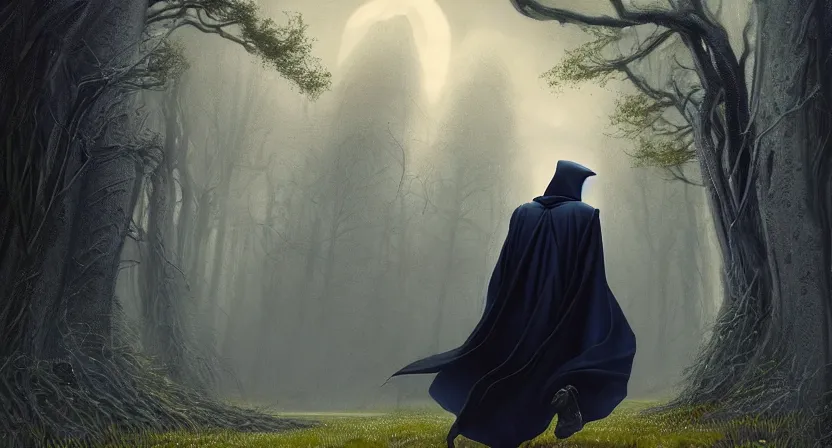 Image similar to handsome mage running away from a giant, long black hair wearing square hooded gothic navy cloak with gold details, green plants, movie action still frame, ultra wide horizon, intricate, elegant, highly detailed, hyperrealism, digital painting, concept art, smooth, sharp, focus, illustration, art by artgerm, greg rutkowski, ilya kuvshinov