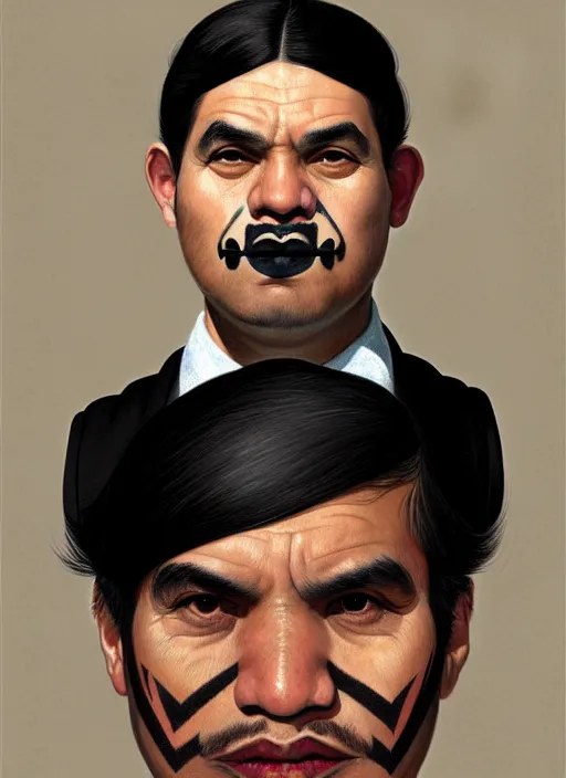 Image similar to portrait of a wide faced peruvian man with a crooked nose and a confident expression, 1 9 6 0 s, black clothes, goth, punk, brightly coloured hair, funk, intricate, elegant, highly detailed, digital painting, artstation, concept art, smooth, sharp focus, illustration, art by wlop, mars ravelo and greg rutkowski