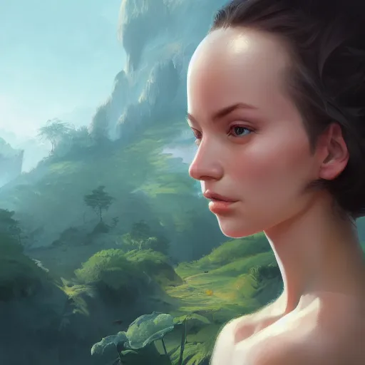 Prompt: a portrait of a character in a scenic landscape, highly detailed, digital painting, artstation, concept art, sharp focus, medium long shot, by ross tran, mary jane ansell, anna dittmann, andreas rocha