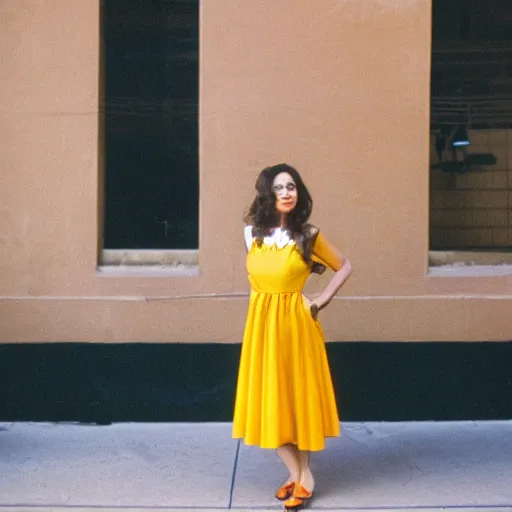 Image similar to portrait photo of a beautiful brown hair woman in a yellow sun dress in downtown Los Angeles, Kodak Portra 400 film