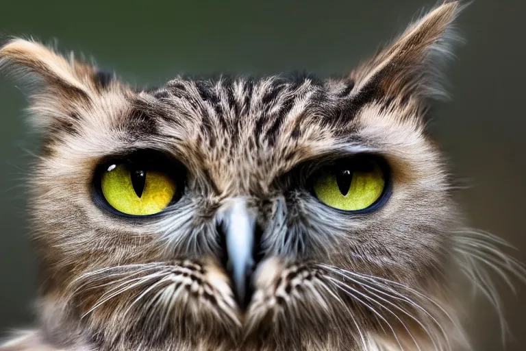 Image similar to a cat owl!!! hybrid! hyper realistic!! realistic lighting!! wildlife photographer of the year!!! bold natural colors, national geographic, hd, wide angle, 8 k