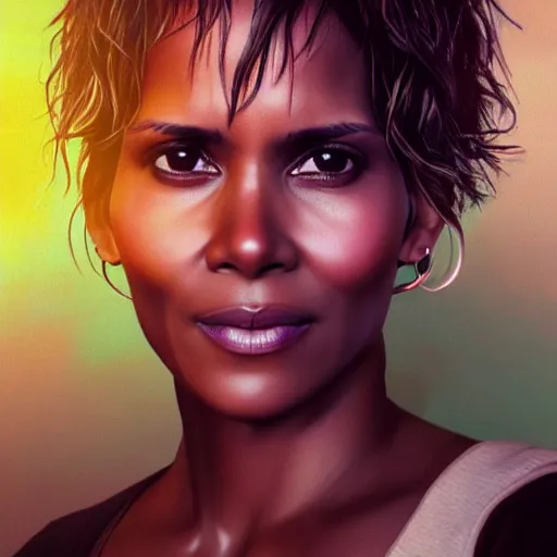 Image similar to photorealistic halle berry. hyperdetailed photorealism, 1 0 8 megapixels, river, amazing depth, glowing rich colors, powerful imagery, psychedelic overtones, 3 d finalrender, 3 d shading, cinematic lighting, artstation concept art