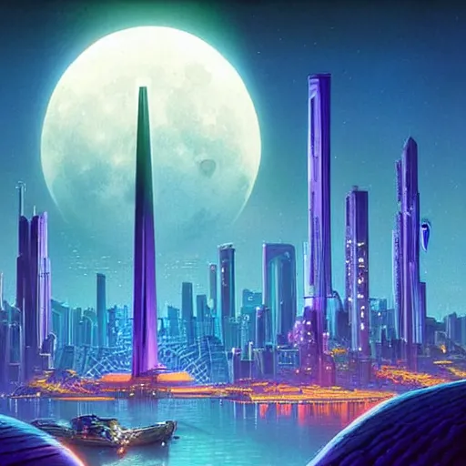 Prompt: moonlight over futuristic city of light synthwave bright neon colors highly details cinematic vladimir kush, philippe dru, roger deal, michael whelan,