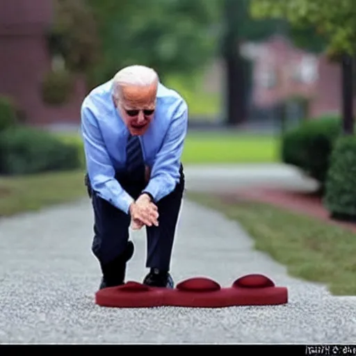 Prompt: Joe Biden on all fours, looking for his contact lenses. Realistic photo.