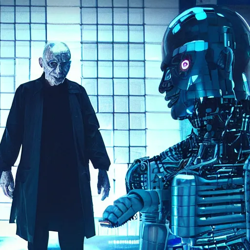 Image similar to cyberpunk buff old man fighting Deadcode humanoid robot Emmanuel Lubezki