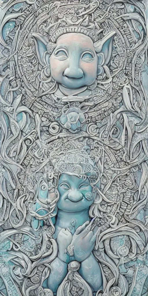 Image similar to intricate colourfully painted carved Soapstone relief paneling, white and pale blue , celestial, piggy, pig goddess, mother earth, Earth Goddess mythology, Gaia, angels, divinity, Ghostly, crystaline celtic, insanly detailed , artstation, wallpaper, hyper realistic, realistic lighting