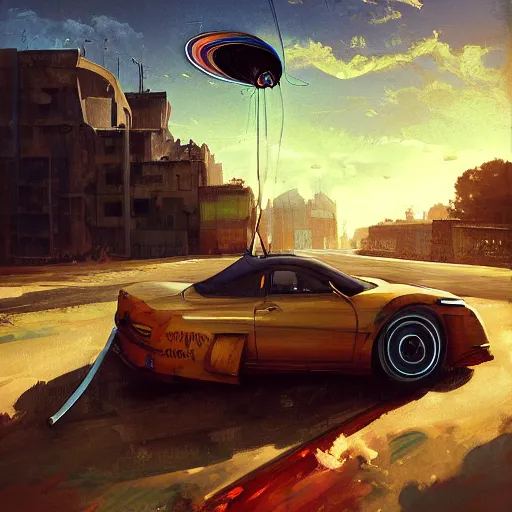 Prompt: A car with a giant fan attached to its hood pointing straight ahead , beautiful digital art, cinematic composition, detailed, concept art, Matt painting, oil painting, high res, norman rockwell artwork style,