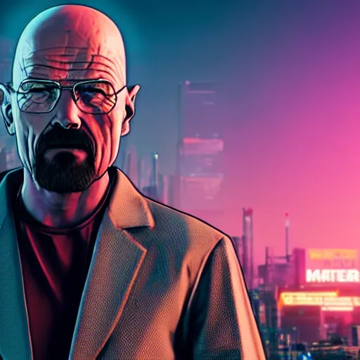 Image similar to walter white from breaking bad in cyberpunk 2 0 7 7 with futuristic city, 4 k, hyper realistic, synthwave, vapor wave, futuristic, advanced