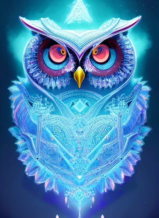 Image similar to symmetry!! product render poster vivid colors divine proportion owl, ice and snow, glowing fog intricate, elegant, highly detailed, digital painting, artstation, concept art, smooth, sharp focus, illustration,