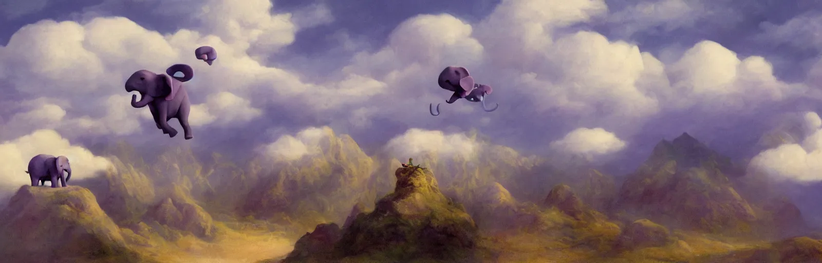 Image similar to A baby purple elephant flying in the clouds, mountains in the background, illustration, detailed, smooth, soft, warm, by Adolf Lachman, Shaun Tan, Surrealism