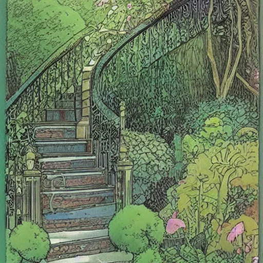 Image similar to old white house stairs into lush garden, drawing moebius