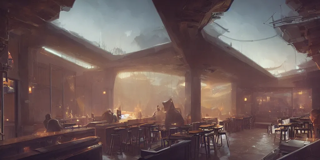 Image similar to science-fiction bar, evening, jazzy, big patio door, luxury, interior design, matte painting, RAPHAEL LACOSTE, greg rutkowski, james gurney, artstation