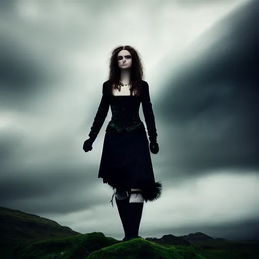 Image similar to photographic portrait of a stunningly beautiful female scottish highlands witch dark moody clouds, contemporary fashion shoot, by edward robert hughes, annie leibovitz and steve mccurry, david lazar, jimmy nelsson, breathtaking, 8 k resolution, extremely detailed, establishing shot, artistic, hyperrealistic, perfect face, octane render