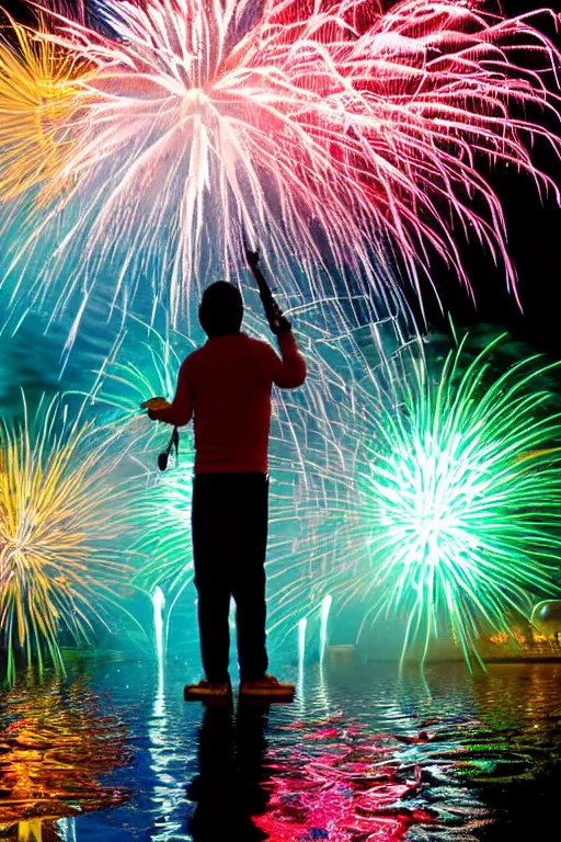 Image similar to scooter techno standing in water with fireworks in background, full body, reflection in water, volumetric lighting, golden ratio