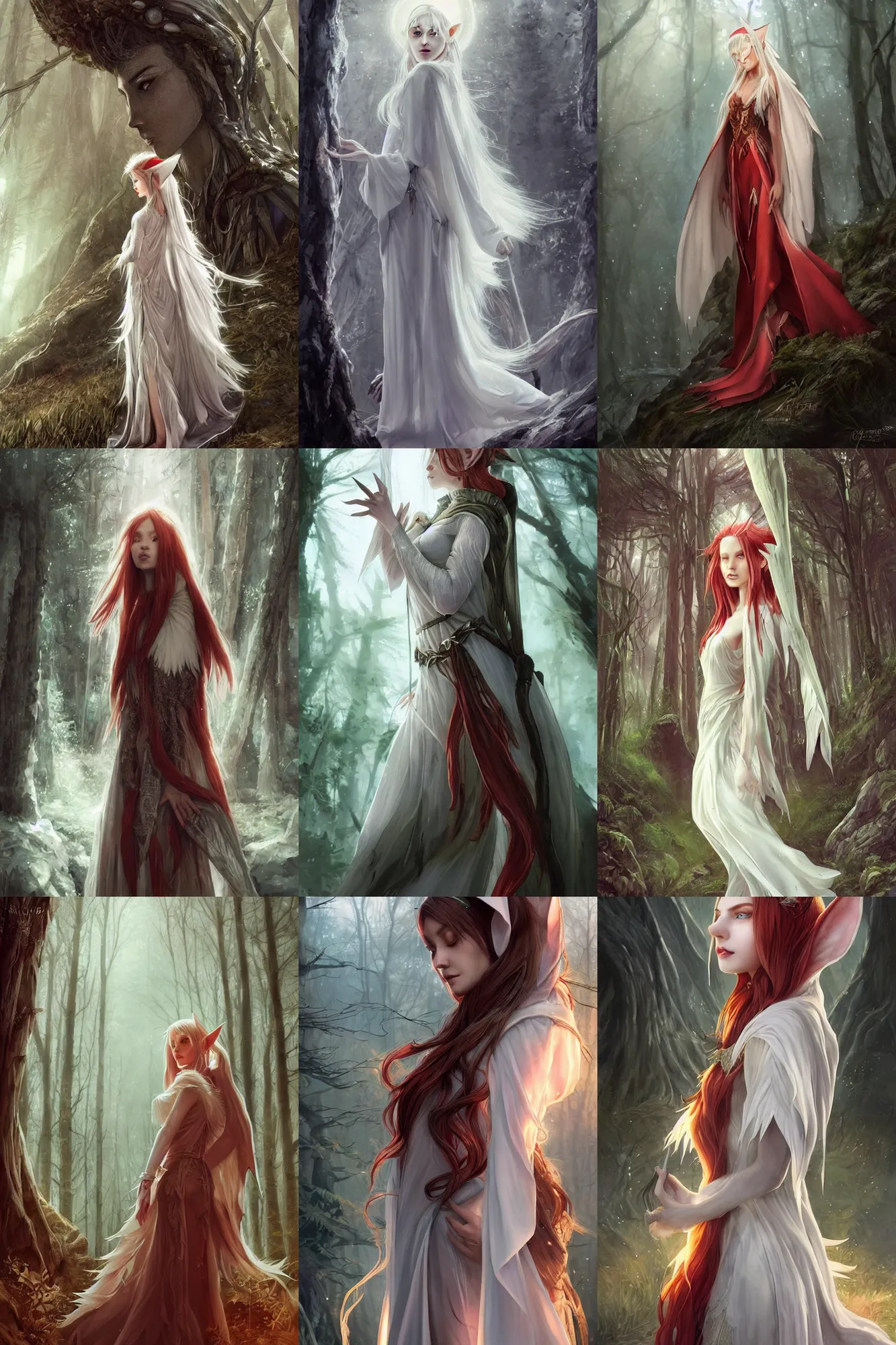 Prompt: side portrait high-fantasy elf girl with detailed pointed sharp long ears, translucent off-white gown and cloak, fantasy forest landscape, moonshine, fantasy magic, feathery red hair, dark light night, intricate, elegant, sharp focus, illustration, highly detailed, digital painting, concept art, matte, art by WLOP and Artgerm and Greg Rutkowski and Alphonse Mucha, masterpiece