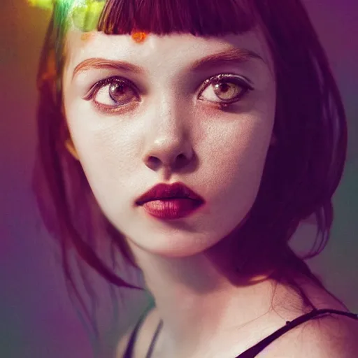 Prompt: photo of a beautiful girl in the style of mark seliger, close up, views of the universe, kawaii, chris moore, trending on artstation