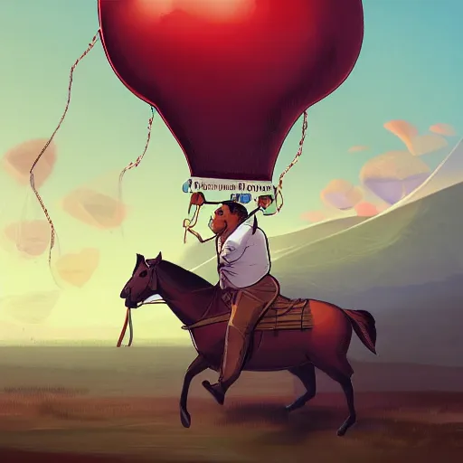 Image similar to digital art of morbidly obese man riding a horse. Three weather balloons are attached to the man. Trending on ArtStation