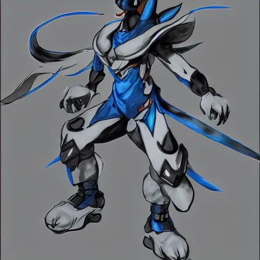 Prompt: Portrait of Lucario, made by Yoji Shinkawa, Highly detailed, fantasy themed, dynamic posing, concept art