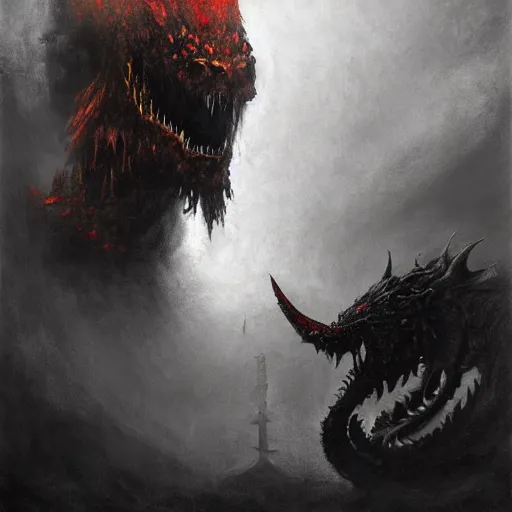 Image similar to concept art of bowser gigantic and demonic with huge horns and scales and talons, resident evil, horror, a painting by beksinski, by ruan jia, by austin osman spare, symbolist painting, mist, volumetric render, digital painting, detailed painting, occult