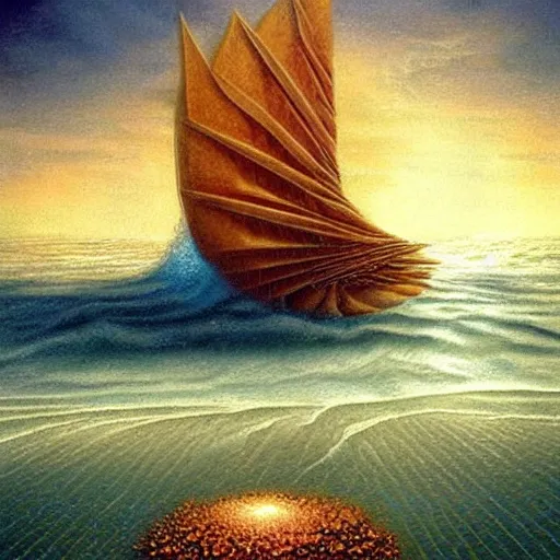 Image similar to scene from a dream. ocean. digital artwork by vincent bons, michael whelan, remedios varo and gerardo dottori. grainy and rough. interesting pastel colour palette. beautiful light. oil and water colour based on high quality render.