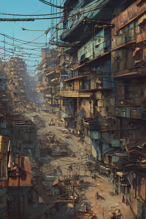 Image similar to a industrial STEAMPUNK CITY Street scenery in the FAVELAS, signs, billboards and cable Connecting MULTI LVL BUILDINGS, rendered by simon stålenhag, rendered by Beeple, Makoto Shinkai, syd meade, environment concept, digital art, starwars, raphael lacoste, eddie mendoza, alex ross, concept art, cinematic lighting, , unreal engine, 3 point perspective, WLOP, trending on artstation, low level, 4K UHD image, octane render,