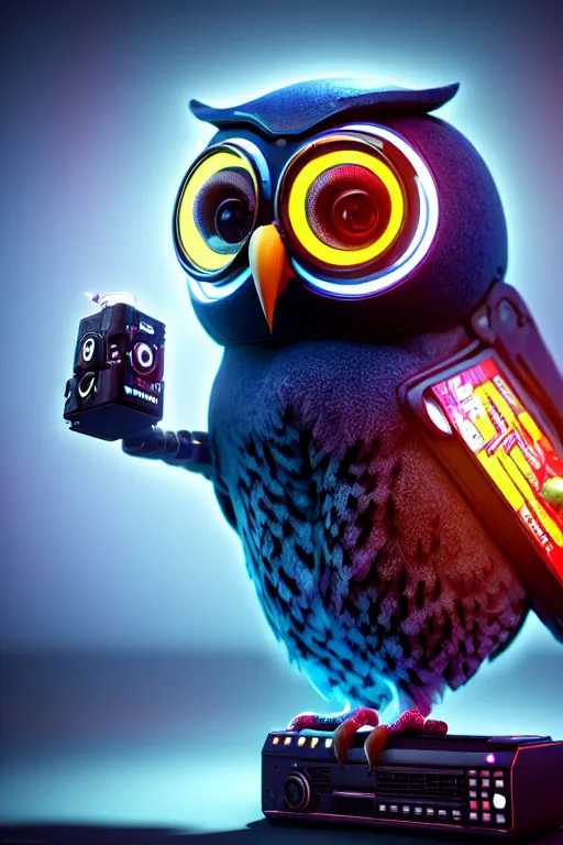 Image similar to high quality 3 d render very cute cyborg owl! with boombox!, cyberpunk highly detailed, unreal engine cinematic smooth, in the style of blade runner & detective pikachu, hannah yata charlie immer, moody light, low angle, uhd 8 k, sharp focus