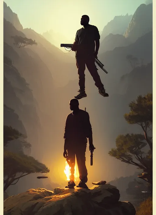 Image similar to highly detailed portrait kanye holding ak in gta v stephen bliss unreal engine fantasy art by greg rutkowski loish rhads ferdinand knab makoto shinkai lois van baarle ilya kuvshinov rossdraws tom bagshaw global illumination radiant light detailed intricate environment