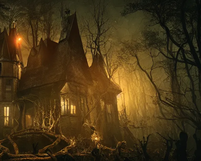 Prompt: the scariest witches house surrounded by horror creatures in the scariest dark forest, epic scene, dark, scary, horror, frightening, fantasy, cinematic, redshift render, cgi, hyper - detailed, photo - bash, 8 k post - production, masterpiece