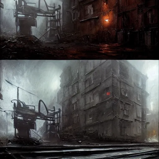 Image similar to sadie sink runs desperately | a mechanical monstrosity chases sadie sink | alleyway near decaying tenements. concept art for scifi dystopian film. by nikolay makovsky, bob byerley, wadim kashin, andrea kowch. cinematic moody atmosphere, detailed and intricate, perfect anatomy