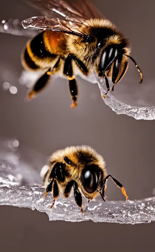 Prompt: the last bee entrapped under a sheet of ice, beautiful macro photography, cold ambient light