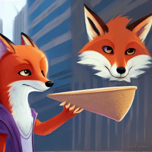 Image similar to furry art of female fox walking down the street holding an icecream cone, digital art, artstation, 4K, detailed, detailed fur, wearing grey hoodie, zootopia, detailed face, anthromorphic,