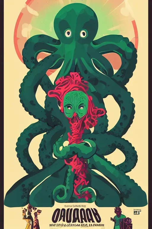 Prompt: a movie poster for the film (green octopus dancing) by Tom Whalen, highly detailed, award winning creature portrait, fantasy, artstation