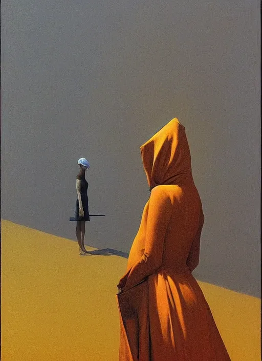 Image similar to woman with a paper bag over the head and a sward Edward Hopper and James Gilleard, Zdzislaw Beksinski, highly detailed