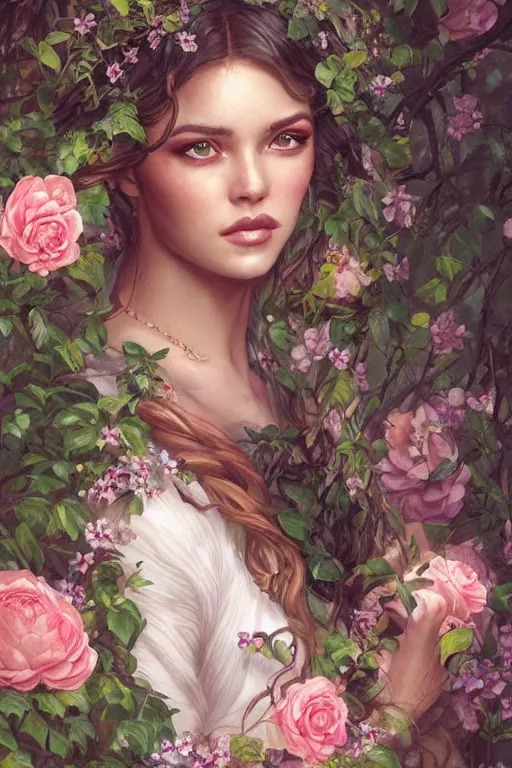 Image similar to beautiful woman in the middle of a lush garden with roses in her hair and an intricate gown, highly detailed, portrait, artstation, art by artgerm and greg rutkowski,