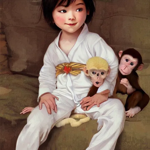 Prompt: young boy wearing white fabric pajama with cartoon paintings on it standing infront of a small furry smiling monkey. highly detailed, digital painting, artstation, concept art, smooth and sharp focus, cg by tian zi and wlop and alphonse mucha