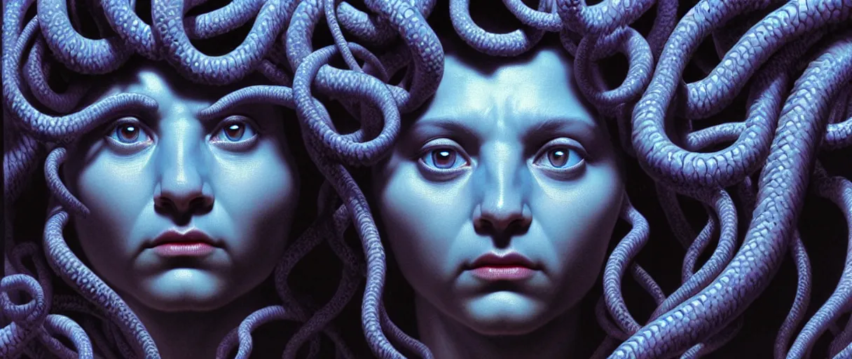 Image similar to hyperrealistic highly detailed close-up portrait of a Rubensian blue rococo medusa with 8 round cat eyes sharp concept art wayne barlowe cinematic lighting 8k low angle shallow depth of field