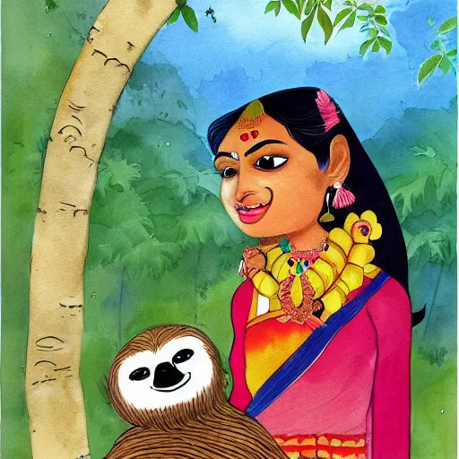 Image similar to beautiful indian woman and cute sloth investigate crime together, illustrated, children's book, high detail cartoon, colourful, watercolour