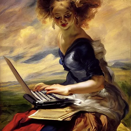 Image similar to heavenly summer sharp land sphere scallop well dressed lady working on her laptop auslese, by peter paul rubens and eugene delacroix and karol bak, hyperrealism, digital illustration, fauvist, looking at her imac laptop