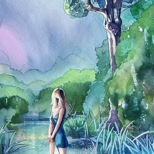 Prompt: Woman in a beautiful happy picturesque charming sci-fi city in harmony with nature. Beautiful light. Water and plants. Nice colour scheme, soft warm colour. Beautiful detailed watercolor by Lurid. (2022)
