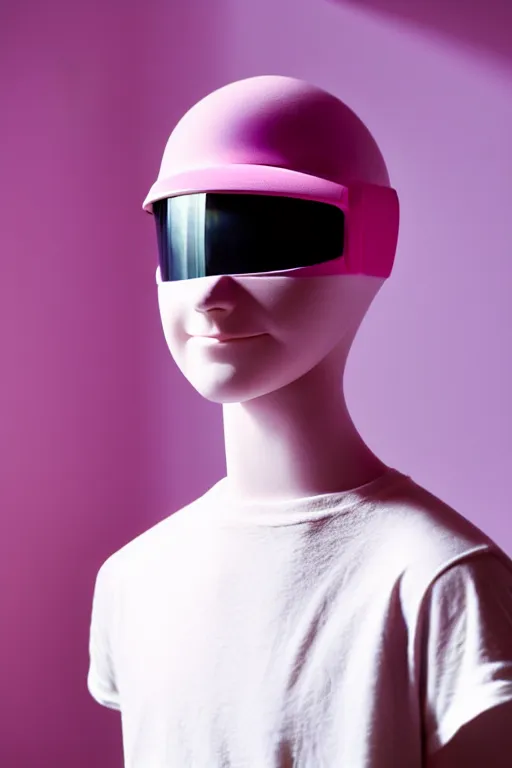 Image similar to a high definition film photograph of a normal androgynous robot human wearing a plain white t - shirt, in a pastel pink room. happy. visor covering eyes. crushed shadows.