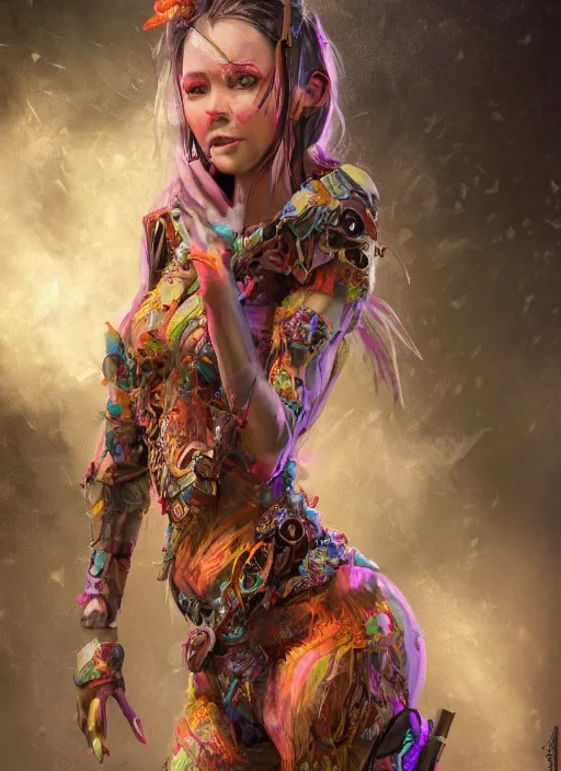 Prompt: detailed full body concept art illustration colorful oil painting of a beautiful 3d render of a female huntress in full intricate clothing, ultra detailed, digital art, octane render, 4K, dystopian, micro details, hyper realistic