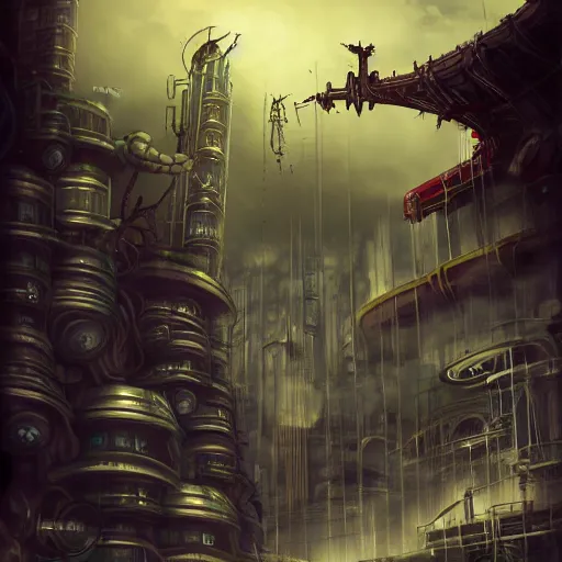 Image similar to flying lotus steam fortress, fantasy art, urban, sky in the background, detailed, behrens style