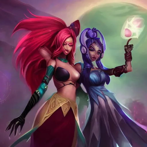 Image similar to league of legends photo, kai'sa and xayah as best friends, realistic, photo