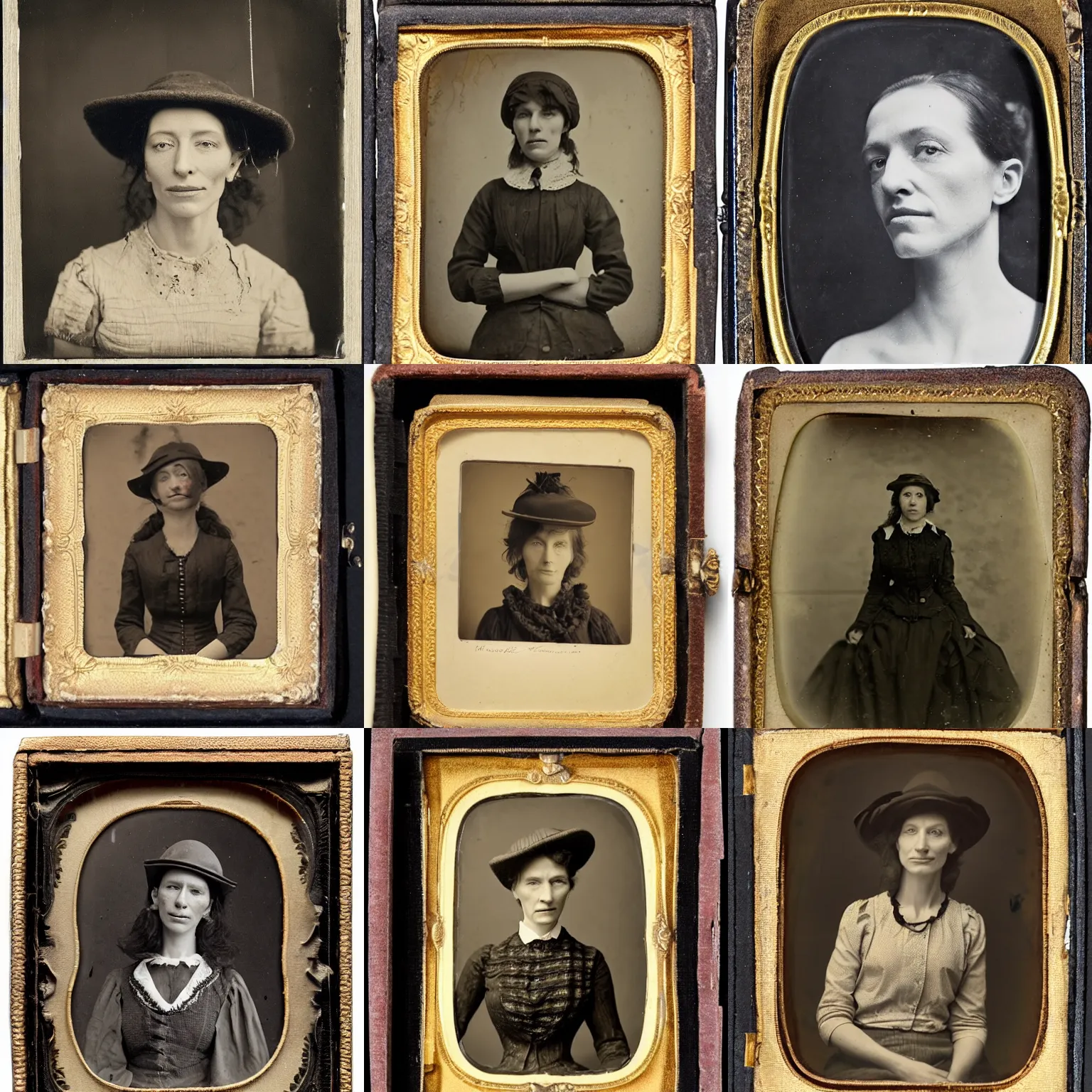 Prompt: mid 1 9 th century, [ [ mischievous!! ] ], thirtysomethins years old, austro - hungarian woman ( with termed kyphosis, - smirking cate blanchett - with wart, messy, brown hair, ( ( large black hat ) ), bun ), daguerreotype by emil rabending