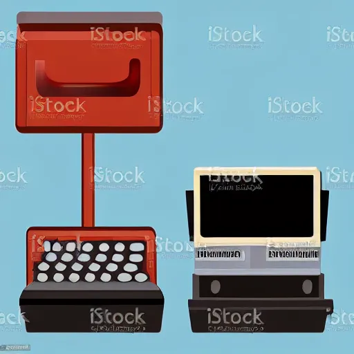 Prompt: cash register in front of a wall of building supplies vector art